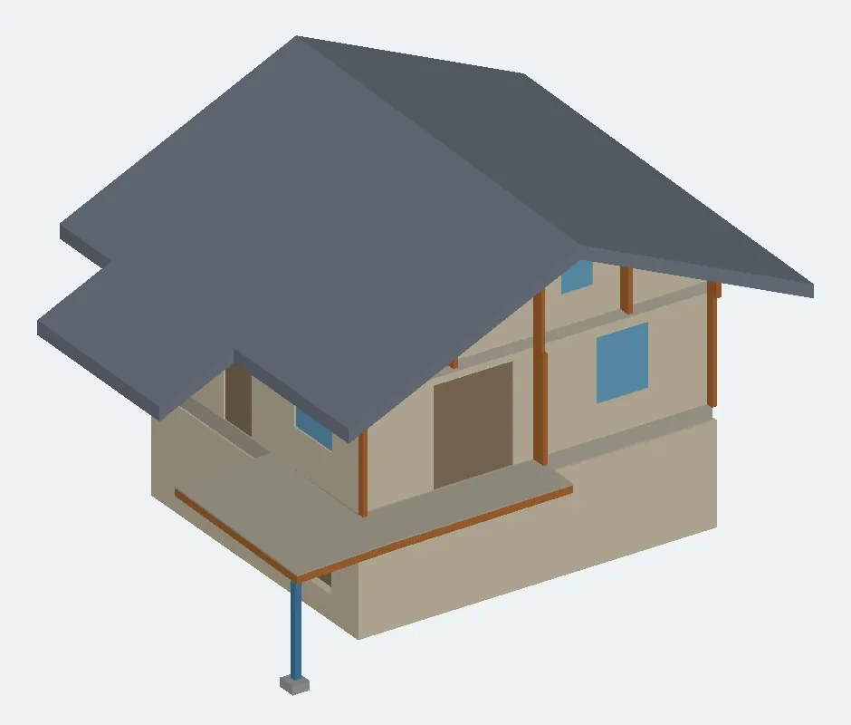 Bauteilmodell derselben Alphütte in isometrischer Ansicht: graues Satteldach, beige Wände, blaue Fenster, braune Pfetten und Tür, der Balkon auf einer Stütze.