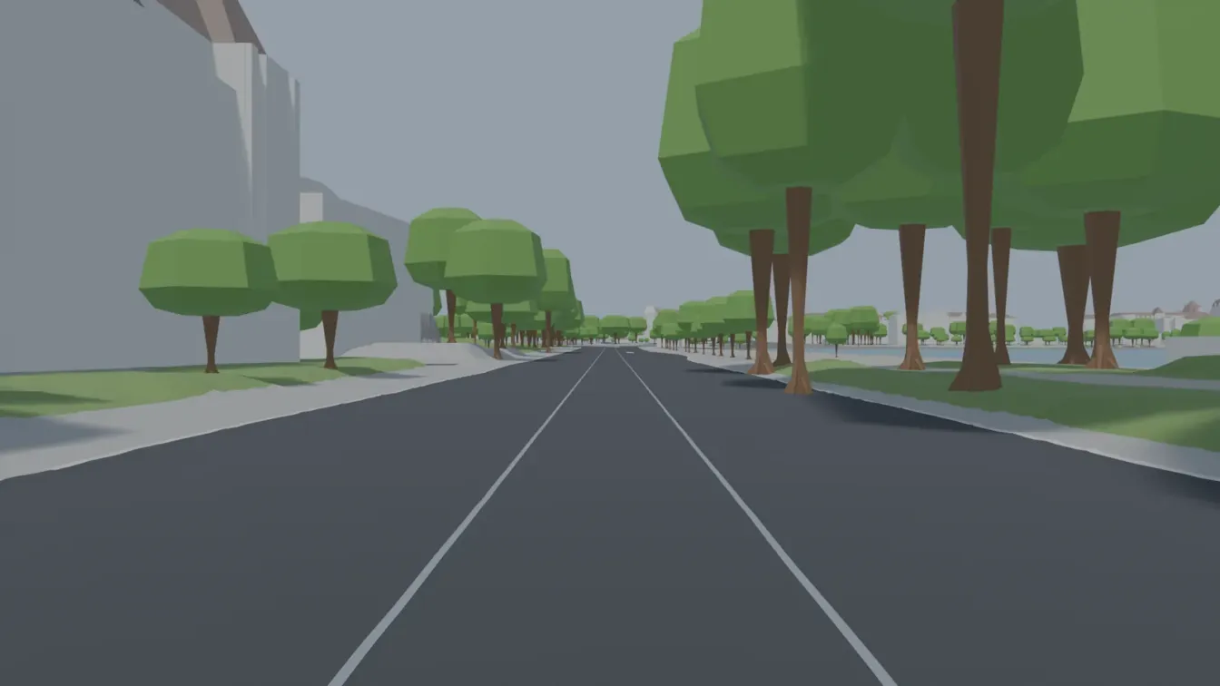 Bodennahe Sicht auf eine zweispurige Strasse mit weissen Randlinien. Links eine helle Gebäudefront und runde Bäume, rechts eine Allee mit hohen Stämmen, dahinter Wasser und weitere Gebäude.