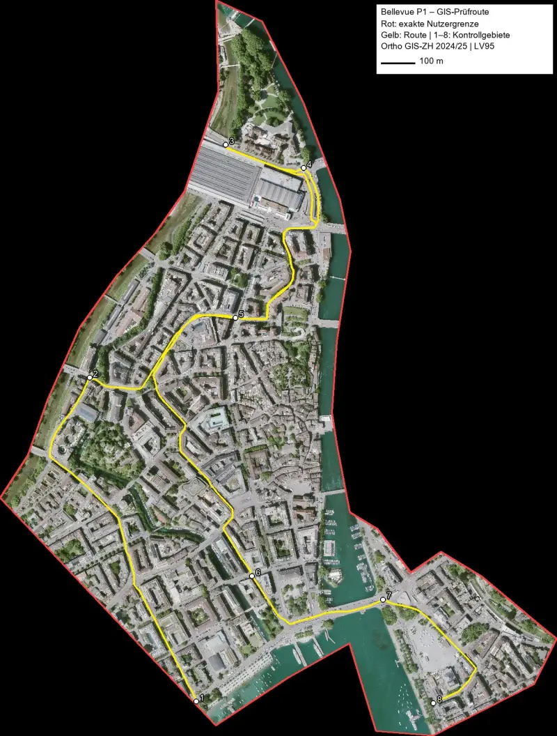 Orthofoto der Zürcher Innenstadt auf schwarzem Grund, rot umrandet: vom Bahnhofgebiet im Norden entlang der Limmat bis zum Seebecken beim Bellevue. Eine gelbe Linie führt als Prüfroute durch die Strassen, weisse Punkte mit den Nummern 1 bis 8 markieren die Kontrollgebiete; oben rechts die Legende mit Massstab.