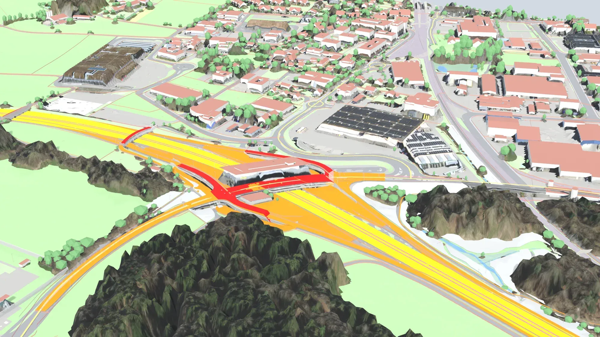 Schrägansicht von oben auf einen Autobahnanschluss am Rand eines Dorfes. Die Fahrbahnen der Nationalstrasse ziehen als gelb-orange Bänder durch das Bild, die Kunstbauten am Anschluss sind rot abgesetzt; ringsum liegen Wiesen und bewaldete Kuppen, dazu Wohnhäuser mit roten Dächern, Hallen und Einzelbäume als Körper.