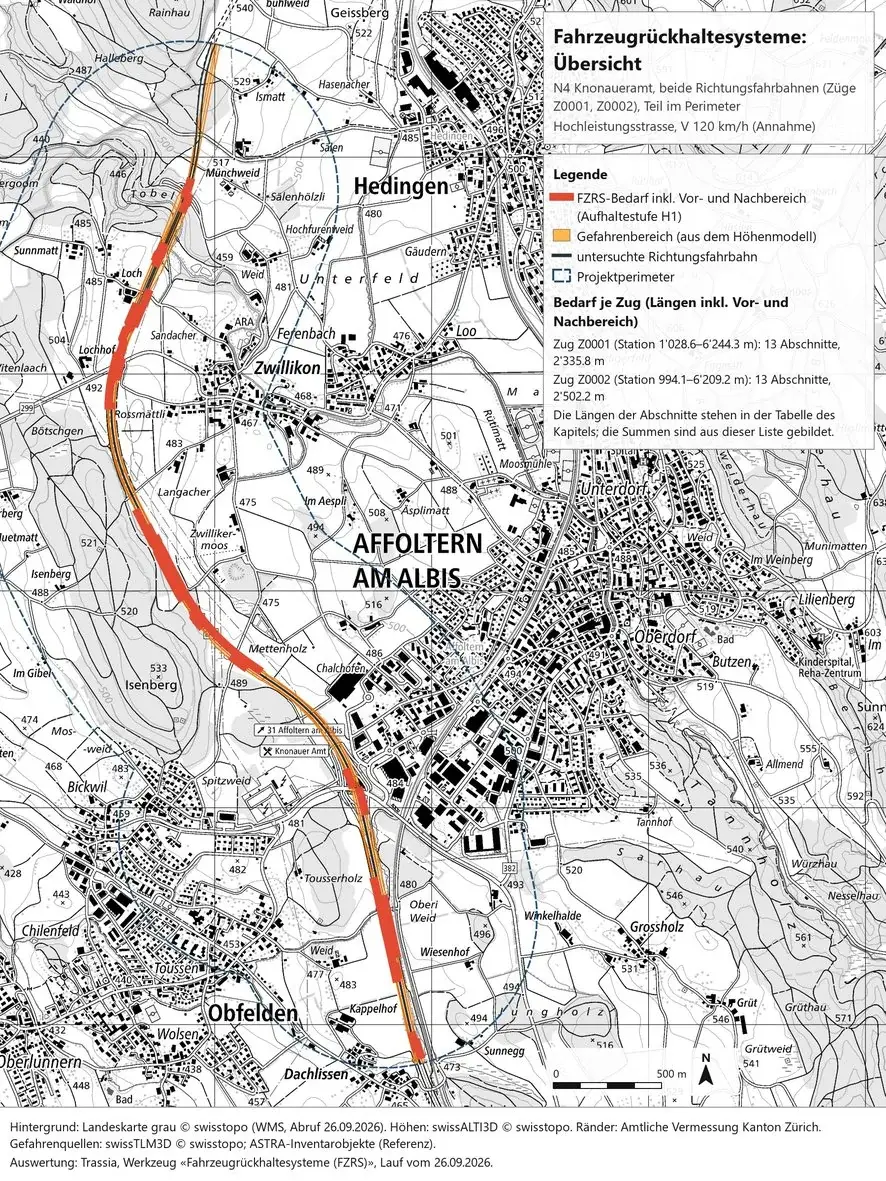 Kartenseite aus dem Bericht: graue Landeskarte mit Hedingen, Zwillikon, Affoltern am Albis und Obfelden, der Projektperimeter blau gestrichelt. Längs der Autobahn liegt der Rückhaltebedarf über weite Strecken als rotes Band, daneben der Gefahrenbereich orange. Rechts oben Titel und Legende mit dem Bedarf je Zug, unten der Bildfuss mit den Quellen.
