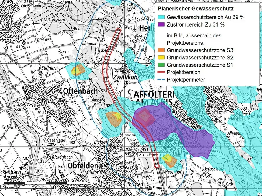 Karte mit den Bereichen des planerischen Gewässerschutzes: der Gewässerschutzbereich Au liegt türkis über weiten Teilen des Talbodens und der Hänge, der Zuströmbereich Zu violett über Affoltern am Albis; darin und daneben die Grundwasserschutzzonen S3 orange und S2 gelb. Der Projektbereich längs der Achse ist rot umrandet, der Projektperimeter als blaue Strichlinie; rechts oben steht die Legende mit den Klassen und ihren Anteilen.