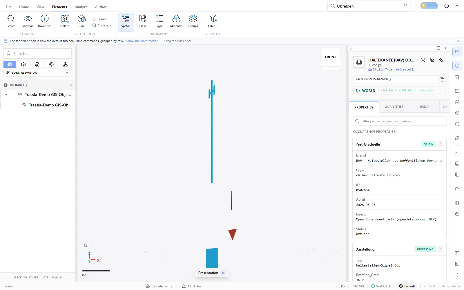 Attributpanel des BIM Viewers für ein ausgewähltes Haltekanten-Objekt. Das Property-Set der GIS-Quelle ist mit einem Merker als Herkunft gekennzeichnet und listet Dienst, Layer, Objekt-ID, Abrufdatum, Lizenz und Status.