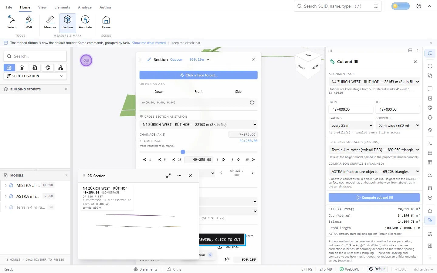 Panel «Cut and fill» des BIM Viewers. Oben die Auswahl der Achse, darunter Eingabefelder für Anfangs- und Endstation, Stationsabstand und Korridorbreite, dann die Auswahllisten für Bezugs- und Vergleichsfläche und der Knopf zum Rechnen; unten die vier Ergebniszeilen und ein mehrzeiliger Fussnotentext zum Verfahren.