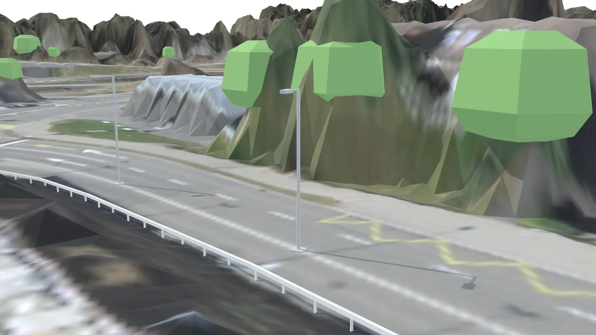 Nahansicht einer Autobahnfahrbahn mit Leitplanke am linken Rand. Zwei Kandelaber mit Ausleger stehen am Fahrbahnrand, dahinter kubisch abstrahierte Baumkronen in Grün über dem drapierten Luftbild des Geländes.
