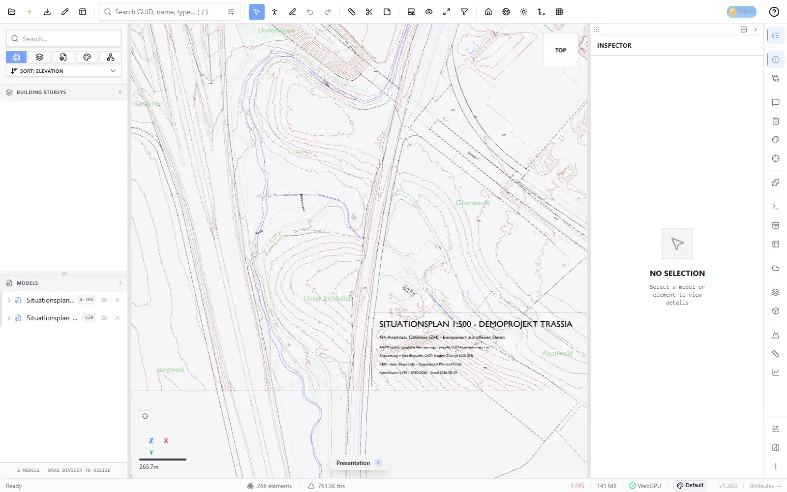 Bildschirmfoto des BIM Viewers mit demselben Plan als Modell in der Draufsicht. Links die Modellliste mit den beiden geladenen IFC-Dateien und ihren Objektzahlen, in der Mitte die Zeichnung mit Höhenkurven, Parzellen, Flurnamen und dem Plankopf, rechts das leere Inspektorfenster, unten die Statuszeile mit dem Vermerk WebGPU.