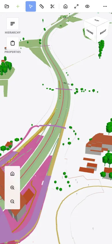 Dieselbe Projektmappe in einem 390 Pixel breiten Fenster: das nach Datenherkunft eingefärbte Modell füllt die Fläche, die Werkzeuge sind an den oberen und linken Rand gerückt.