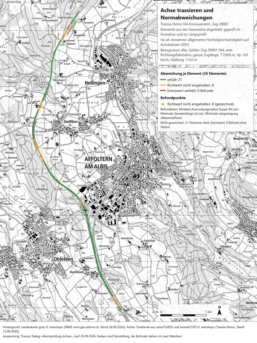 Graue Landeskarte mit Hedingen, Affoltern am Albis und Obfelden. Die Achse der N4 zieht vom Islisbergtunnel nach Süden, grün eingefärbt, mit kurzen orangen Abschnitten und orangen Dreiecken als Befundpunkten. Rechts oben der Titelkasten «Achse trassieren und Normabweichungen» und die Legende mit den Zahlen je Klasse und den Befundarten, unten der Bildfuss mit den Quellen.