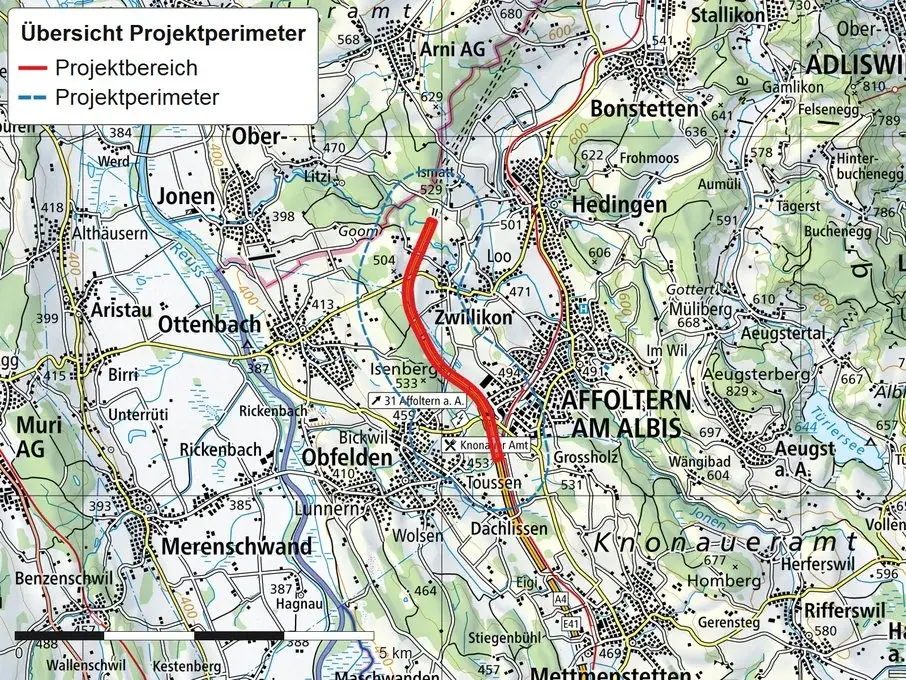 Landeskarte des Knonaueramts mit Affoltern am Albis, Hedingen, Obfelden und Ottenbach. Der Projektbereich liegt als kräftig rotes Band längs der Autobahn N4, darum zieht der Projektperimeter als blaue Strichlinie. Beide reichen vom Islisbergtunnel im Norden bis zum Anschluss südlich von Affoltern am Albis; links oben steht der Legendenkasten «Übersicht Projektperimeter».