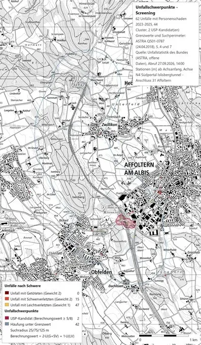 Kartenausschnitt aus dem Bericht: graue Landeskarte mit Hedingen, Zwillikon, Affoltern am Albis und Obfelden. Beim Anschluss südlich von Affoltern am Albis liegen magentafarbene Flächen um die Unfallschwerpunkt-Kandidaten. Rechts oben der Kartentitel mit Zeitraum und Quelle, links unten die Legende nach Schwere.
