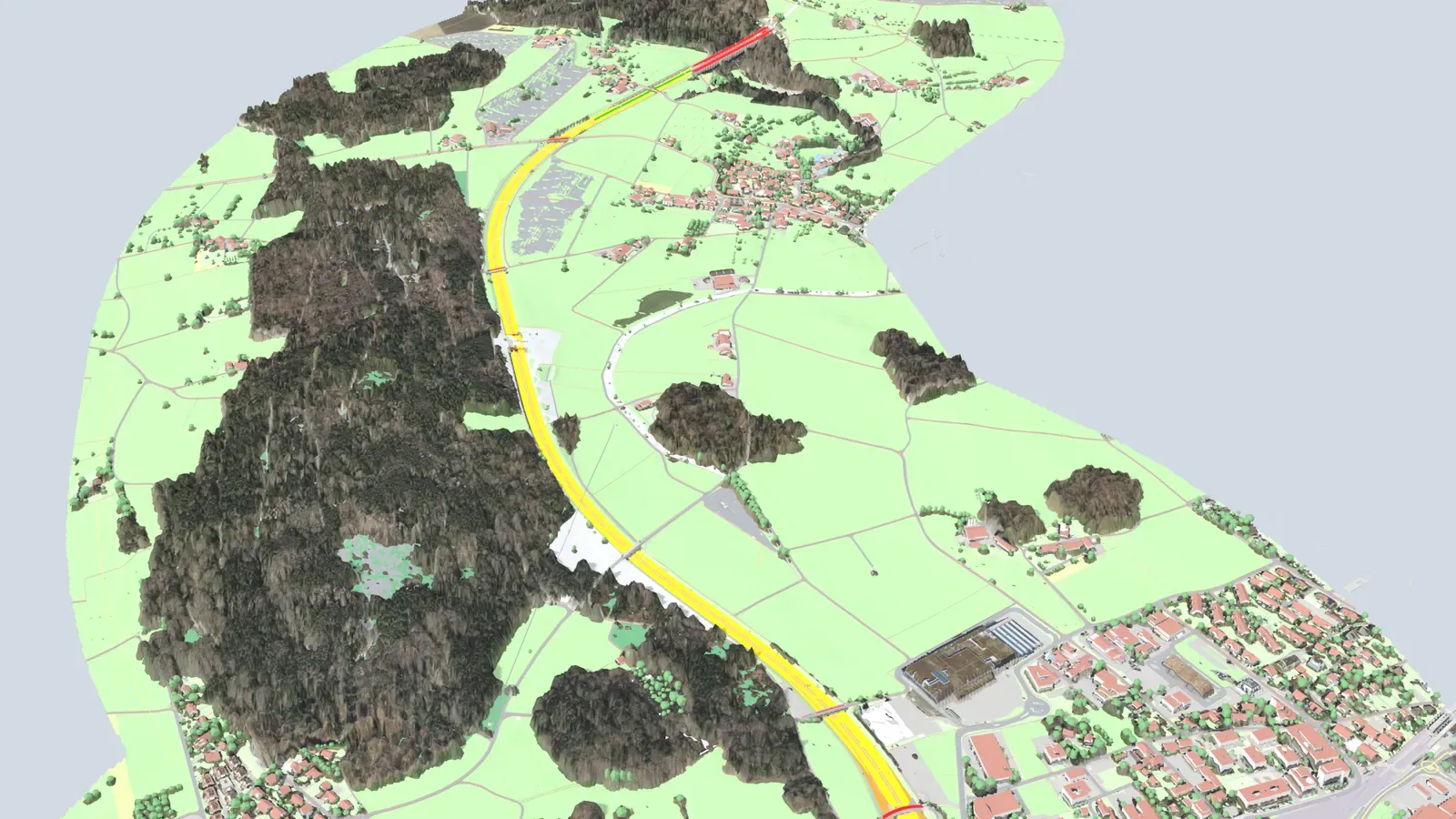 Die fertige Stufe: Über dem Gelände liegen jetzt auch die Inventarobjekte der Nationalstrasse, dargestellt in den Richtlinienfarben des ASTRA (Richtlinie 1B001) — die Fahrbahn der N4 zieht als gelbes Band durch das ganze Bild, die Kunstbauten sind rot abgesetzt. Sie heben sich damit klar vom übrigen Bestand ab — dazu die Freileitungen: Gittermasten mit Leiterseilen queren das Tal (amtliche Maststandorte, Seilverläufe konstruiert).